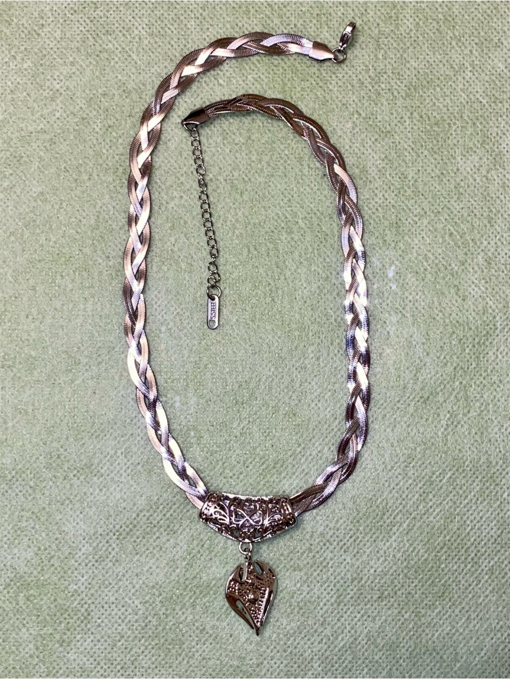 Silver -Tone Braided Chain Necklace with Fancy Heart Pendant